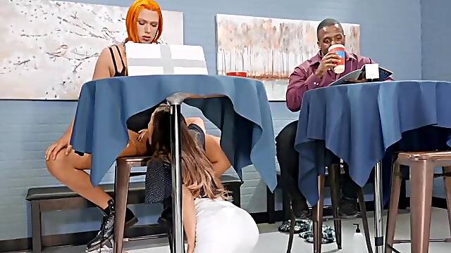 Aspen Brooks gets bj by Cherie Deville under the table