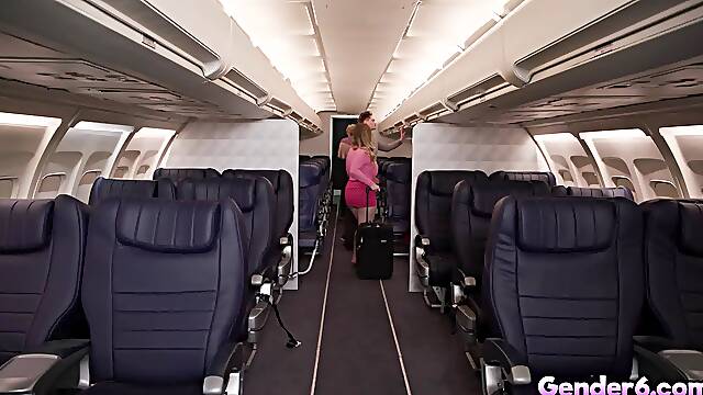 Transexual stewardess have sex with the pilot and passengers!