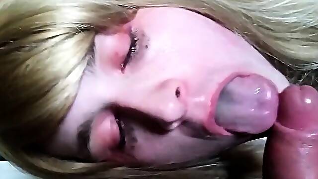 Blonde Crossdresser Swallows Huge Load from Older Man
