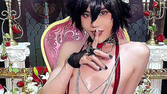 Skinny asian ladyboy masturbates on cam