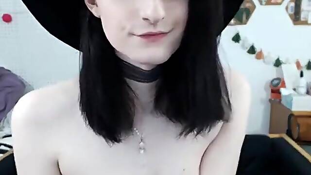 Pale tgirl with puffy nipples casts a spell