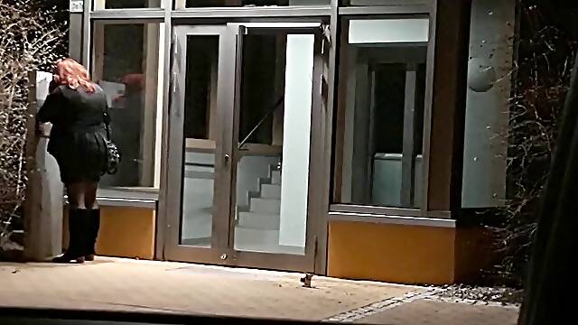 Dildo and gag in public on the doorstep