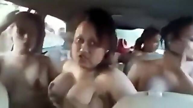 Group of Indian shemales enjoying in car