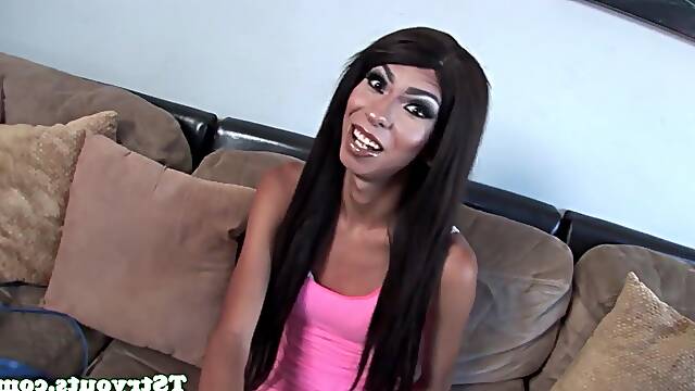 Black shemale spreads ass on casting couch