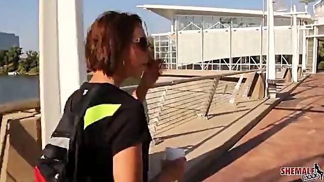 Trashy shemale has her skinny ass fiercely doggy style fucked