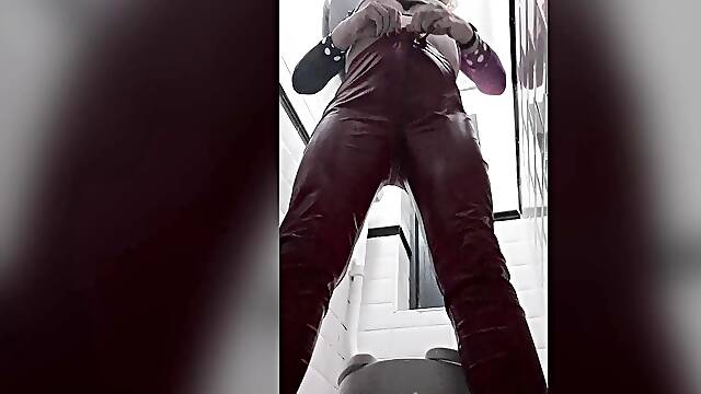 Blonde Post Op Tgirl Lisa does Piss Play in the Pub Toilets Wearing Red Leather Pants