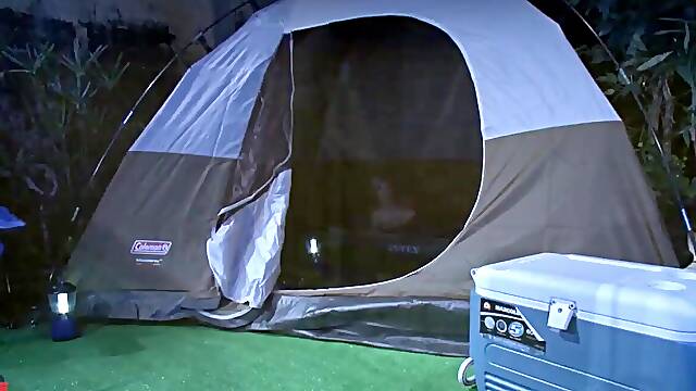 Transgirl butt sex smashes bestie in a tent on a their camping at night