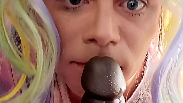 Crossdresser Deep-Throats A BIG BLACK COCK Fake Penis Gets A Mouthhole Of Jizm Part 1
