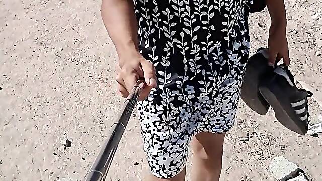 Adorable cheap mega-bitch with panty sundress and high-heeled shoes ambles in public highly...