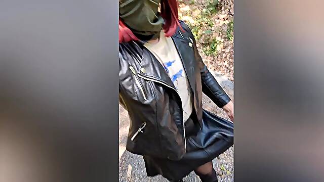 Leather Sissy public insatiable in Shoes and miniskirt