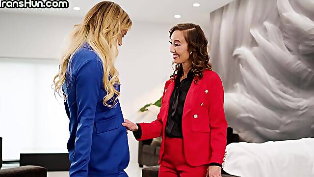 Busty inked TS hun cuntfuck Asian coworker in the office