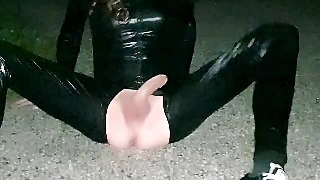 Annemieke playing in the park in Catsuit