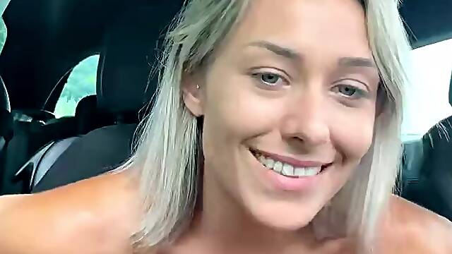 Hot Blonde in Green Dress Teases and Plays with Toys in Car
