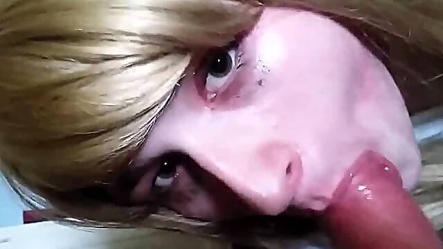 Blonde Crossdresser Swallows Huge Load from Older Man