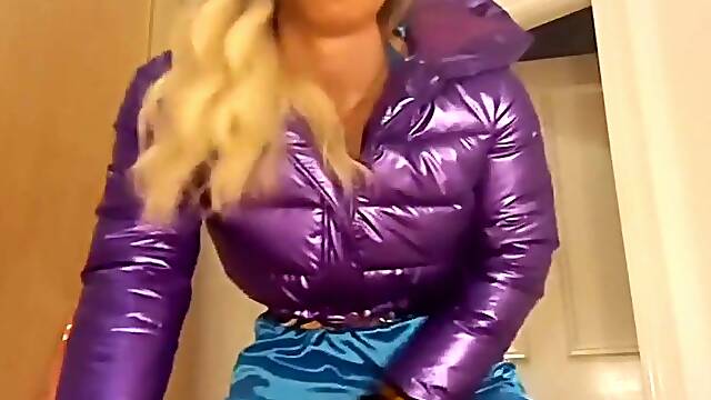 Jess Silk Riding Dildo In Turquoise Satin Dress And Shiny Purple Jacket With Blonde Wig