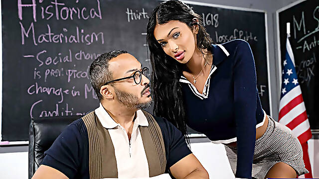 With a hot big tits shemale student like this he can hold back