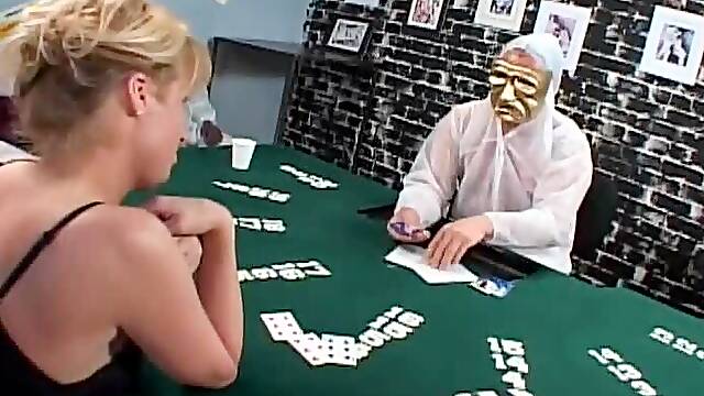 Blond shemale loses the poker game and gets banged