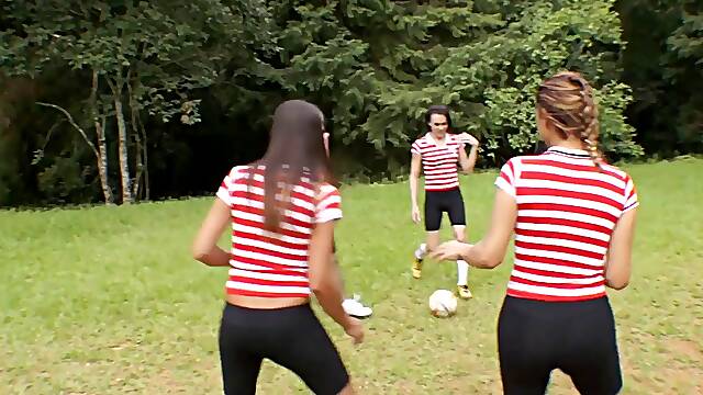Soccer team of sexy trannies gangbang one lucky guy outdoors