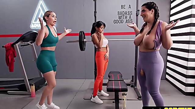 OOPSIE - 2 Honeys Distract Nicole Arias Gym Session Turning Into Futanari 3some Cum Fest
