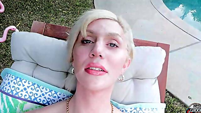 GROOBYGIRLS Blond Trans Woman Masturbates and Takes Anal Outdoors on Patio