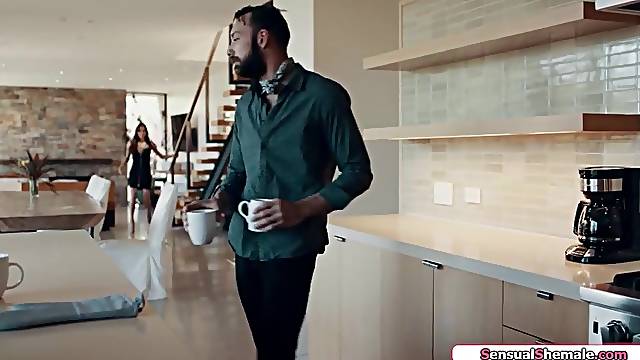 Breasty trans stepmom Sofia Sanders bareback stepsons in threesome