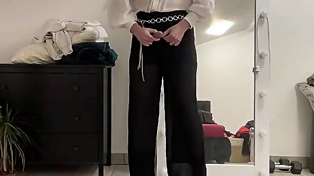 Crossdresser tgirl palazzo wideleg fetish trousers, satin silk blazer, white office ruffled blouse and high heels boots
