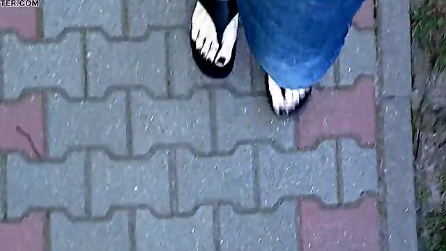 I show my feet during a morning walk around the neighborhood