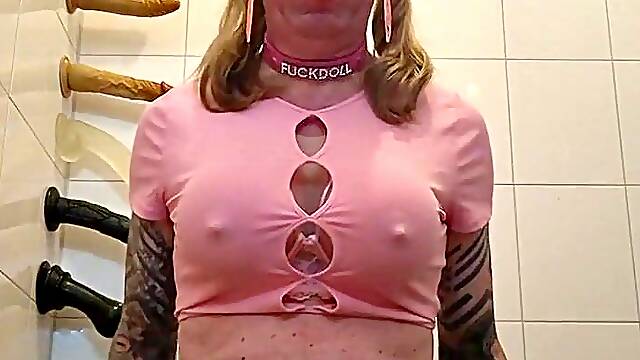 Sissy whore in diaper screws a sex toy