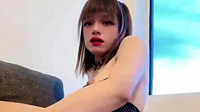 Nice-looking trans cutie enjoys masturbating alone at home