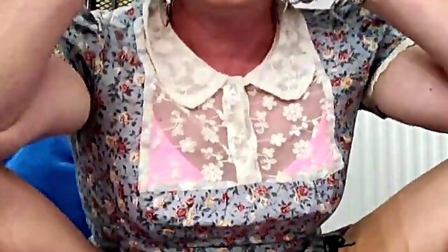Granny tgirl Holly riding a BBC sextoy and cums in her chastity cage