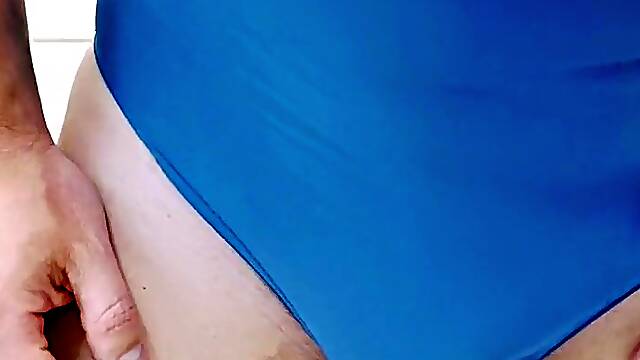 Tgirl in hot blue swimsuit piddle and jerking and get shower