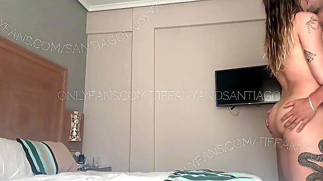 Transgirl Tiffany Towers romantic bareback sex at the hotel anal creampie