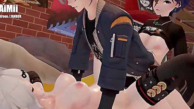 [Zenless Zone Zero] [Futa] Giant-cocked Shemale hentai Rin vs Akira & Gigen Titty screw, oral job, three-some, dong comparison, erection [Zenless Zone Zero] [MMD]