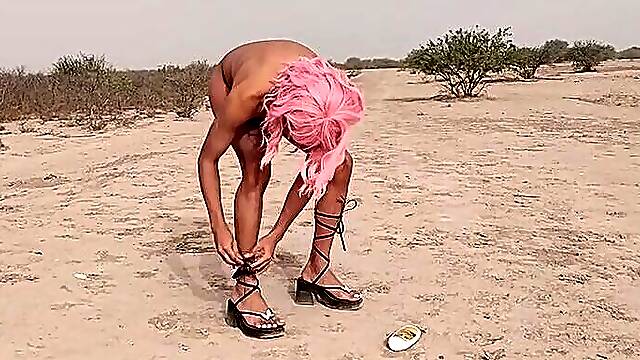 Pretty trans doll applies sunscreen totally stripped in public wearing heels and an ass-plug