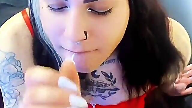 Wicked tattooed trans suck on a large shlong and gets milk in her throat