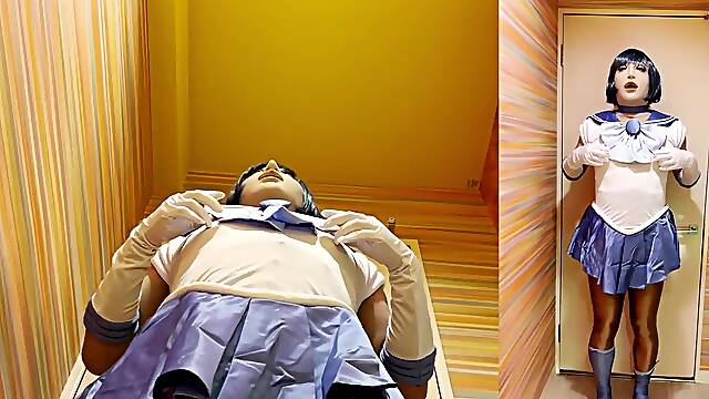 Sailor Mercury inserts electric ass-plug into her arsehole. Cosplayer's masturbation teat/butthole.