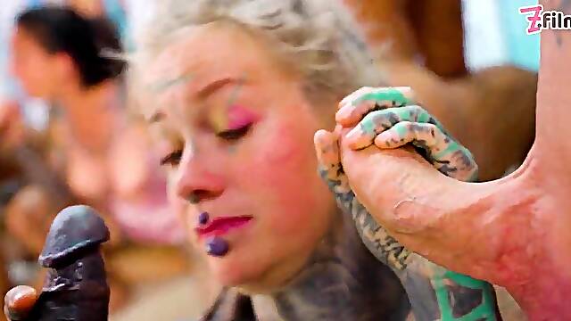 Squirting Fuckfest with Tattooed harlots and Large Knob anal-act of love ends with massive facials!