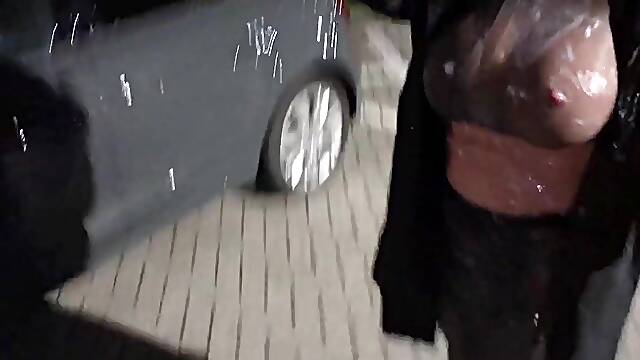 Fullbody encasement fake cum overload on risky public place