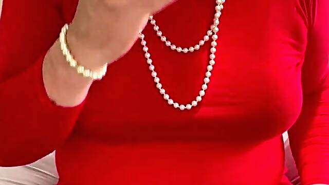 OLDER TVROSE CROSSDRESSER RED COSTUME TEASING AND SUCKING SEX-TOY