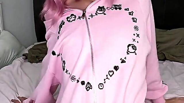 Pink hoodie, sheer lace, wanking, so needy