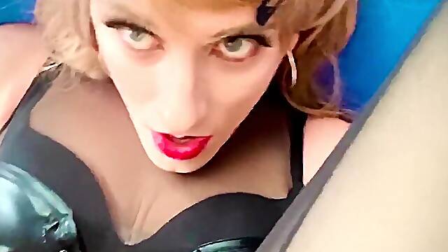 Shinyjulia - Crossdresser sissy Selffacial in Wetlook catsuit and Buttplug
