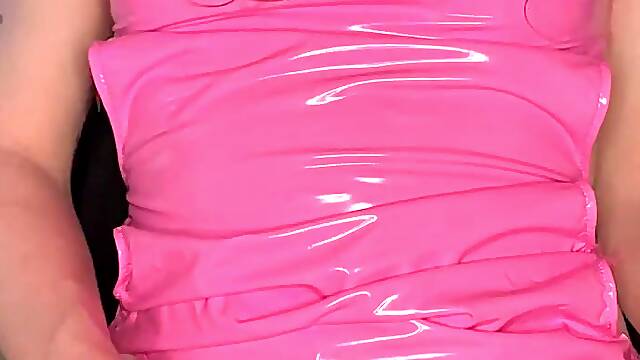 Tranny in Pink Leather Costume shows off her Girlcock