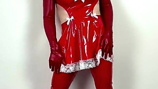 Trans Sissy Teasing in Red Pvc Maid Dress, Part#1