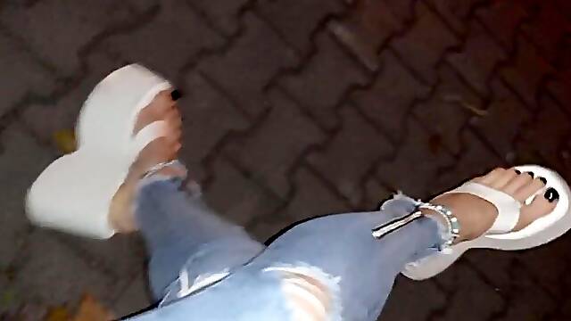 Night walk in my ripped slender jeans & ultra-high white platform flip-flops, showing off my painted toes
