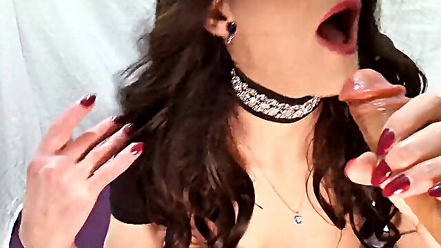 Virginie talks dirty with POV dildo for oral, jug job, anal invasion and A to M