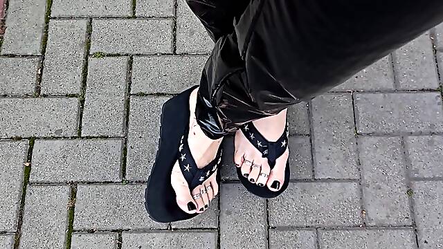 Public crossdressing in spandex leggings and platform g-strings
