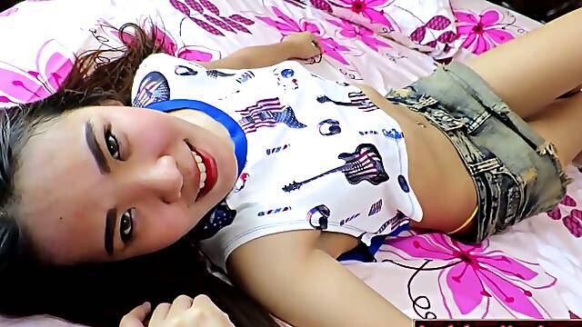 Shy teenage ladyboy Micky nailed bareback