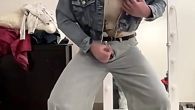 Crossdresser in wide leg flare palazzo jeans, sissy t-tee-shirt and lash jeans jacket wanking for you