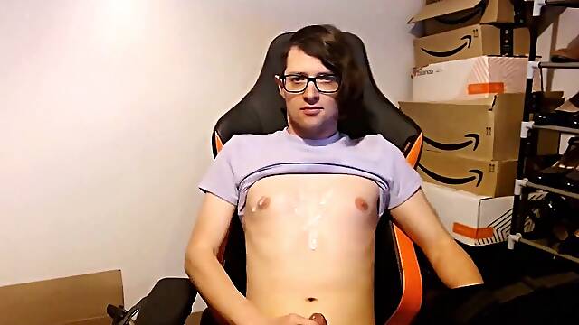 Femboy shows socks and jizms two times wearing a fake penis gag for 68 seconds then plays with cum lube