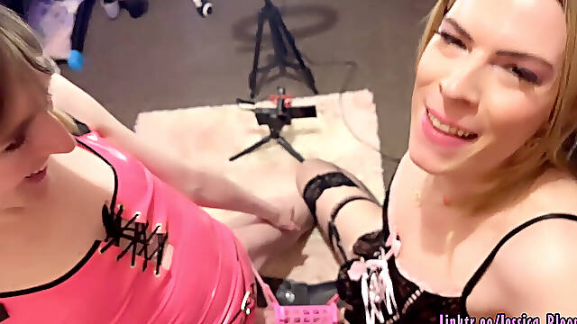 Trans Girls Share a Cock and Chastity Cage yam-sized stream of spunk Jessica Bloom and JenbyDoll